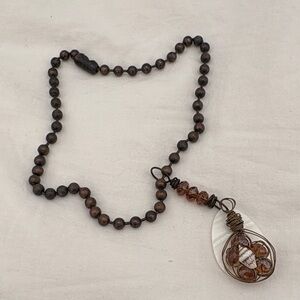 Boho Brown Beaded Pendant Necklace with Shell Accent